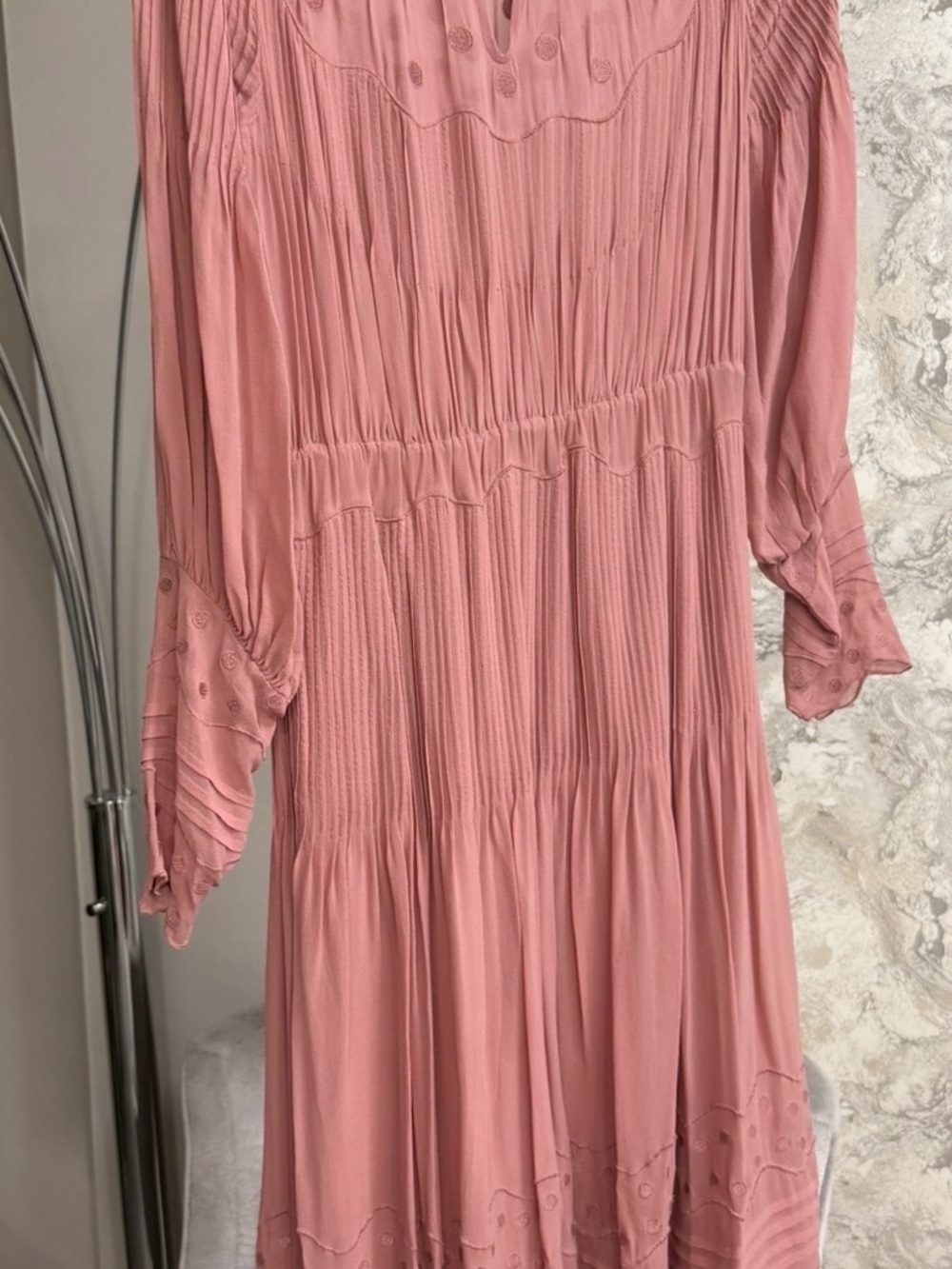 Ulla Johnson Rose Pink Pleated Tiered Long Sleeve Dress